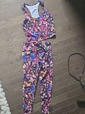 Calvin Klein Purple Floral Print Leggings & Racerback Crop Top Set